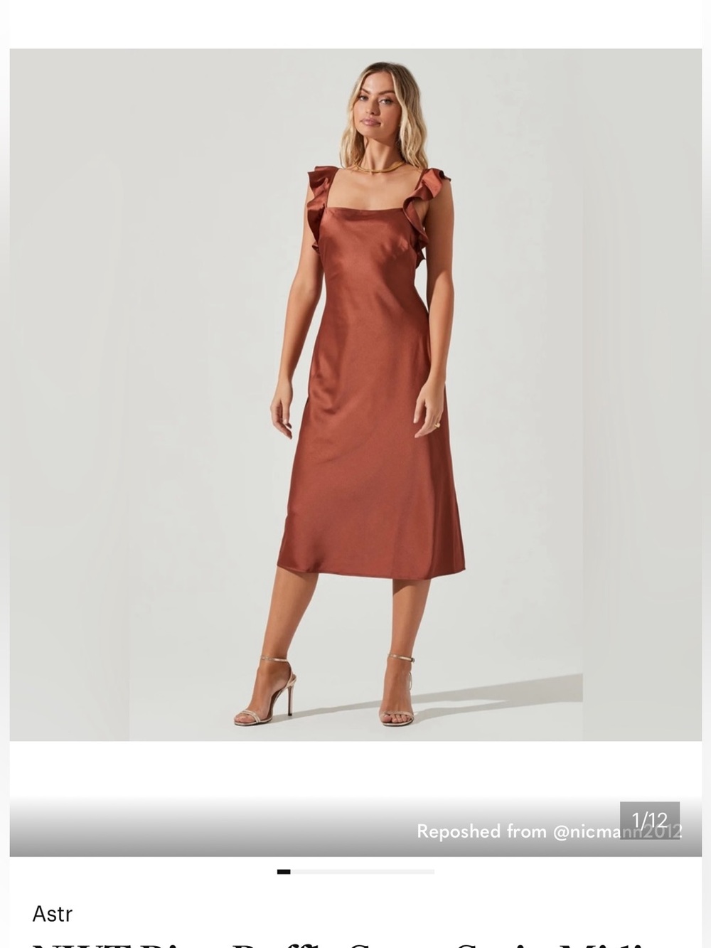 Satin Ruffle Strap Midi Dress in Copper